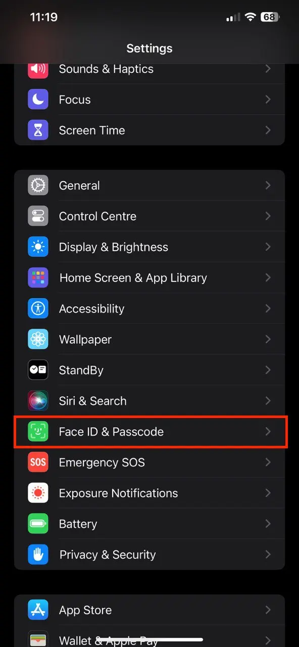 Tap on Face ID and Passcode or Touch ID and Passcode