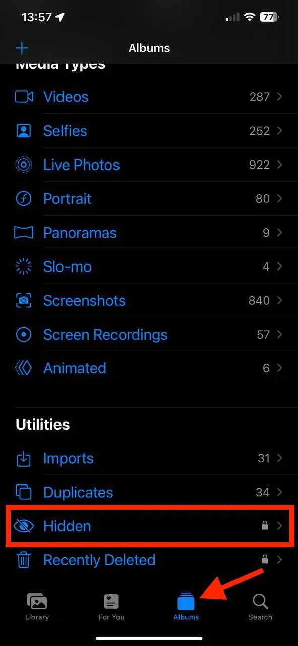Tap the Albums and Hidden tab
