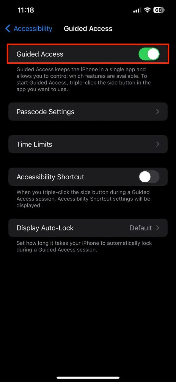 Tap the toggle next to Guided Access to enable it