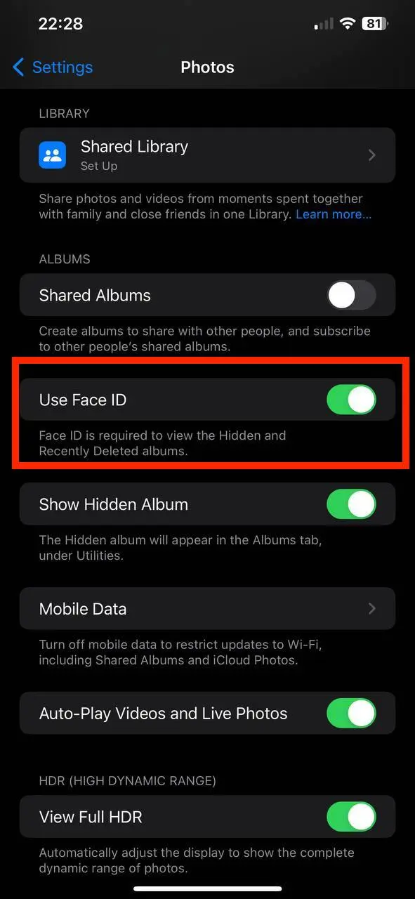 Toggle on Use Face ID